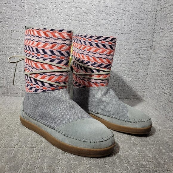 TOMS Nepal Women's Size 9.5 US Gray Cow Leather Aztec Knit Ankle Boots - Picture 6 of 10